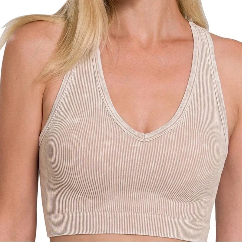 Zenana Ribbed Padded V-Neck Ash Mocha Brami NWT